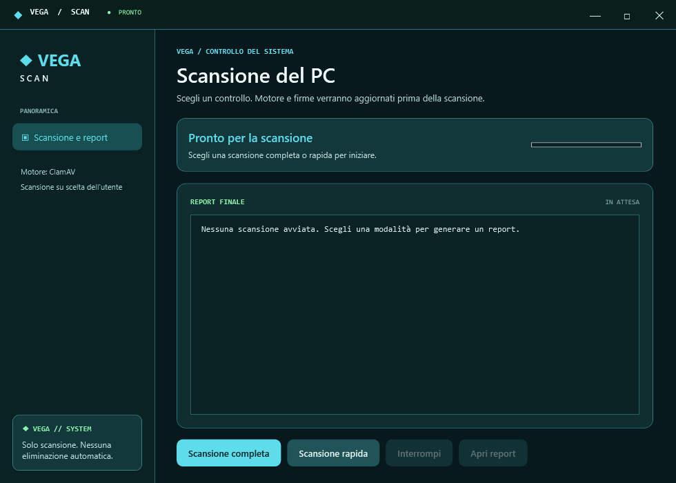 Interfaccia reale di Vega Scan prima di avviare una scansione